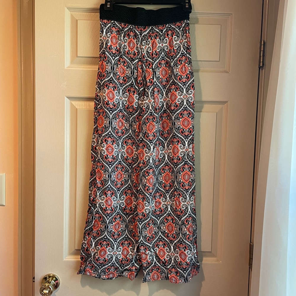 Copper Key Black & Orange Patterned Women's Pants w/Stretchy Waistband,‎ Size M